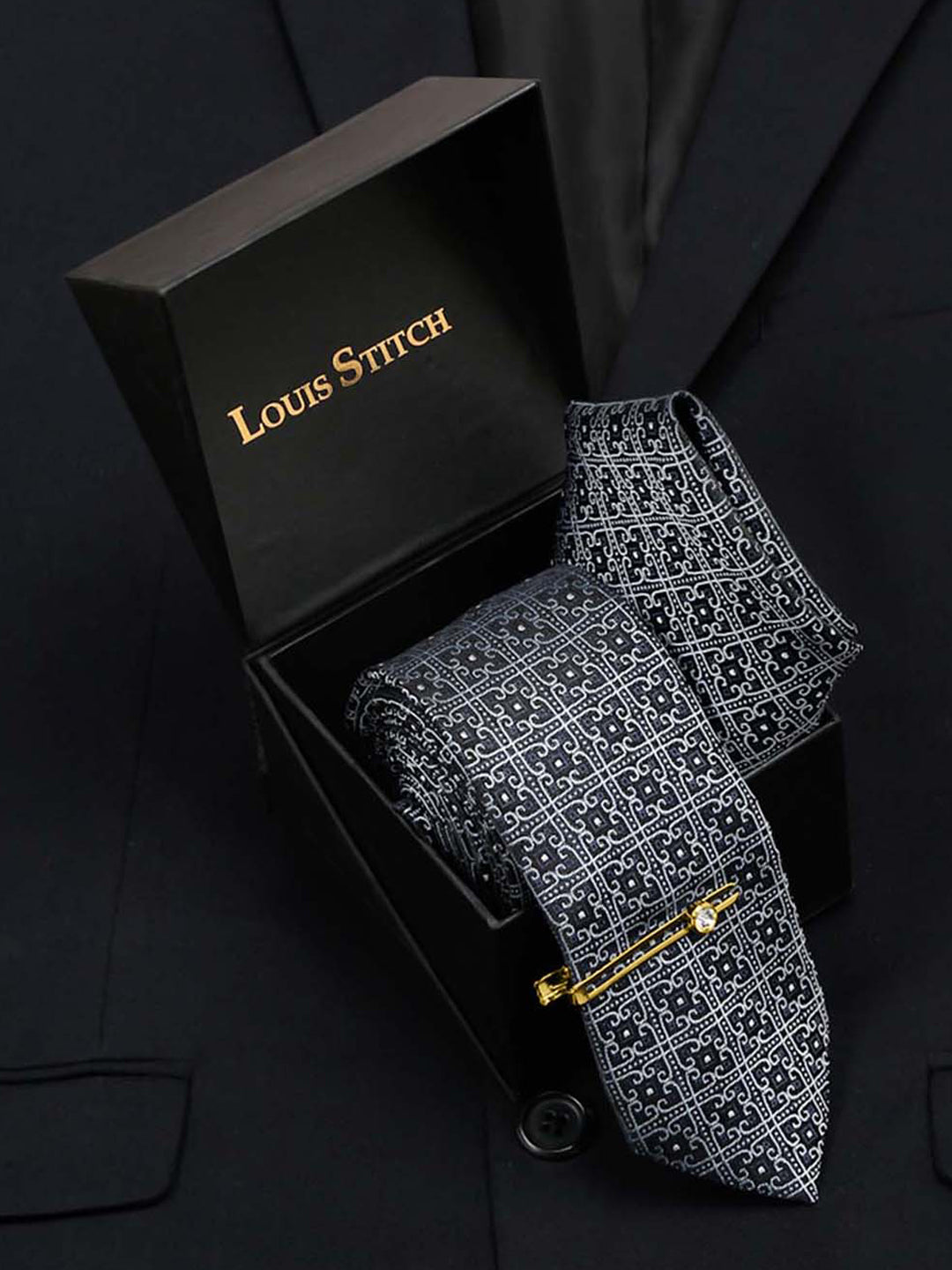 Denim Blue Italian Silk Necktie Set Pocket Square Golden Tiepin