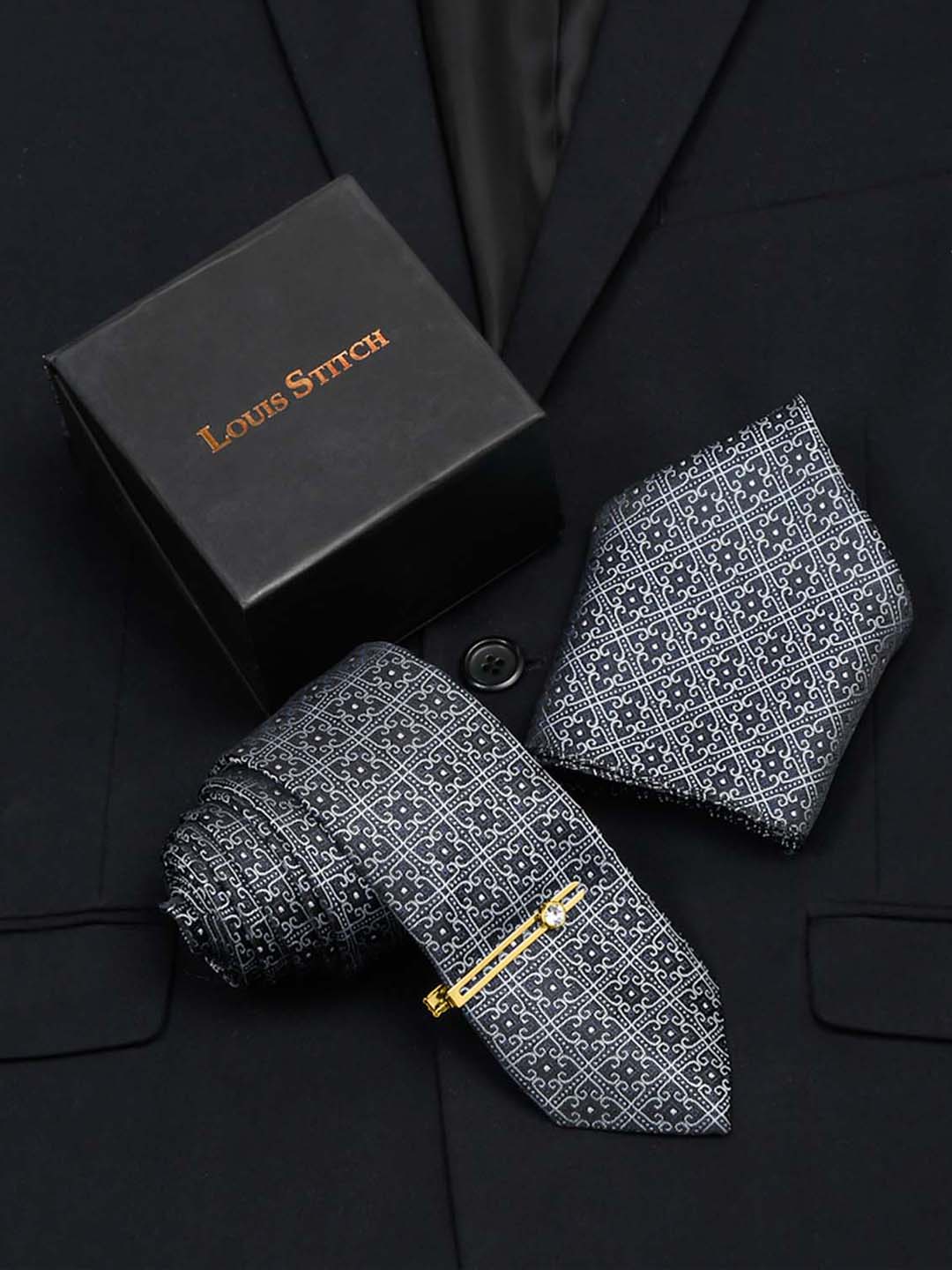 Denim Blue Italian Silk Necktie Set Pocket Square Golden Tiepin
