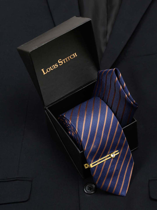  Royal Blue Italian Silk Necktie Set Pocket Square Golden Tiepin