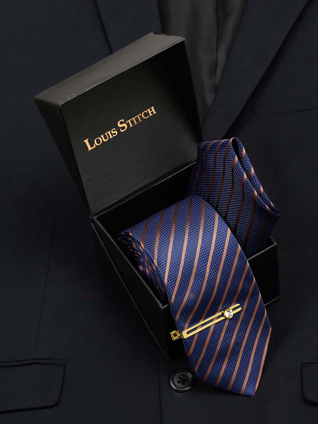 Royal Blue Italian Silk Necktie Set Pocket Square Golden Tiepin