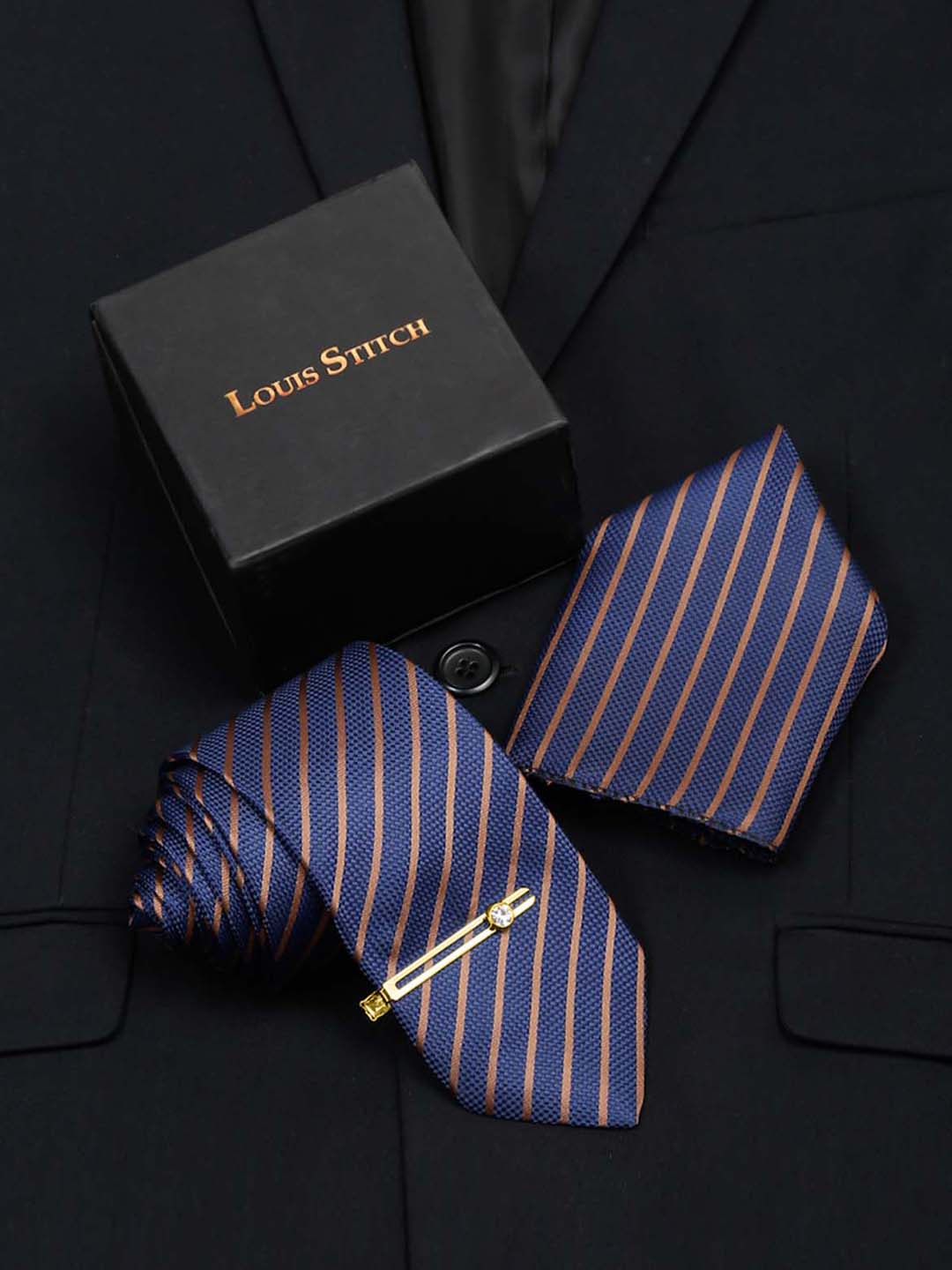 Royal Blue Italian Silk Necktie Set Pocket Square Golden Tiepin