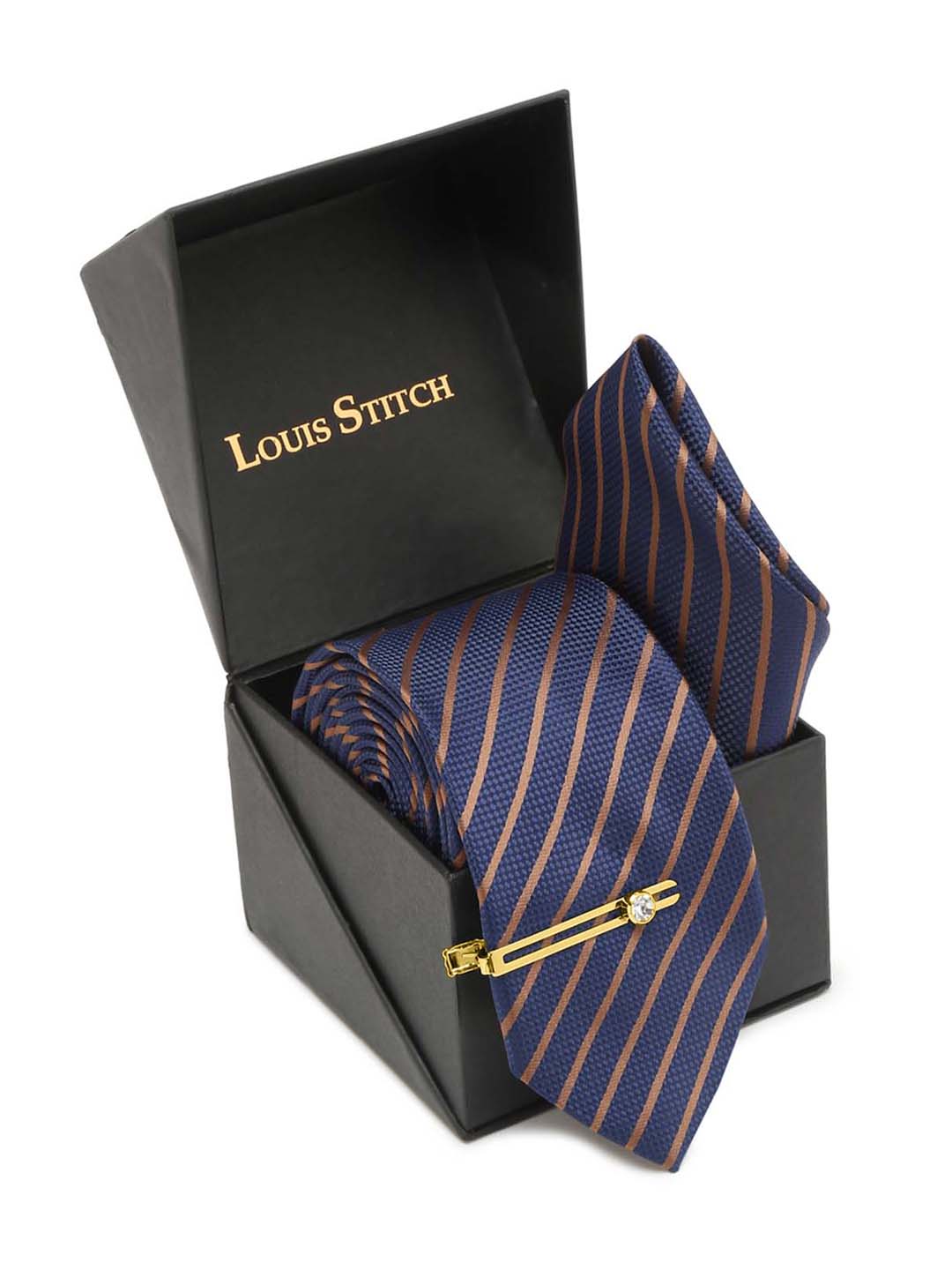 Royal Blue Italian Silk Necktie Set Pocket Square Golden Tiepin
