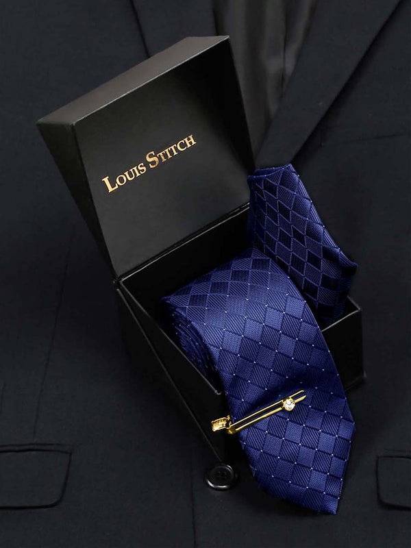  Marine Blue Italian Silk Necktie Set Pocket Square Golden Tiepin