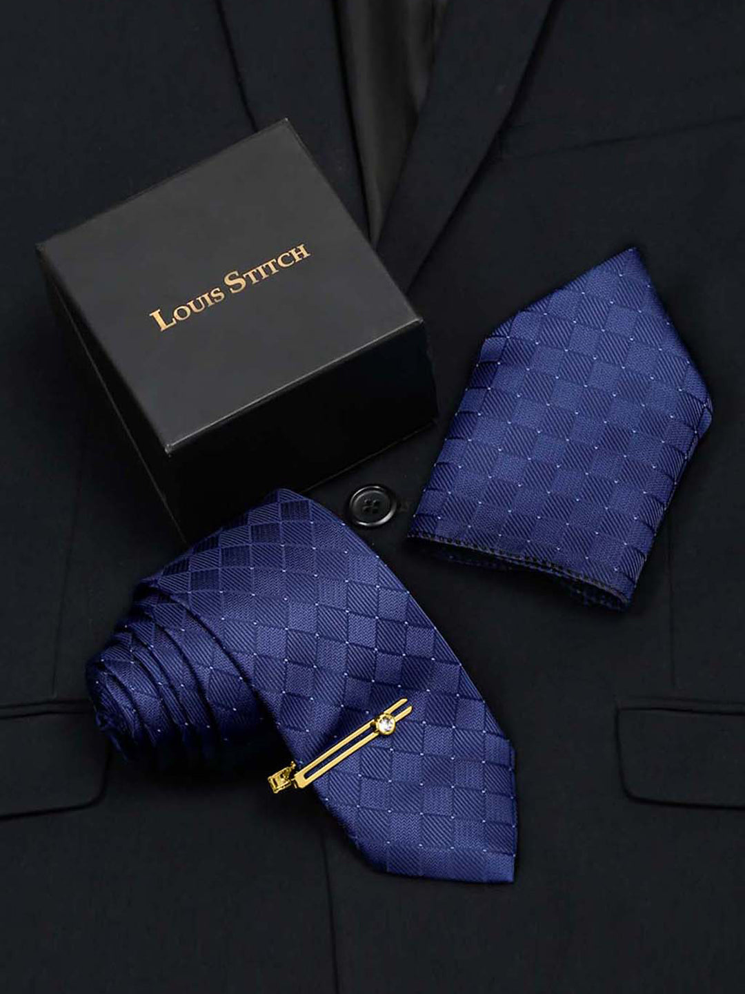 Marine Blue Italian Silk Necktie Set Pocket Square Golden Tiepin