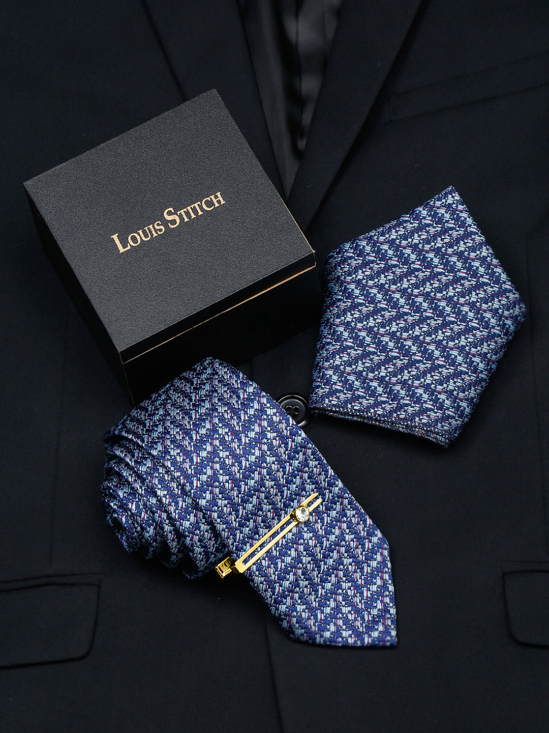 Pigeon Blue Luxury Italian Silk Necktie Set With Pocket Square Gold Tie pin