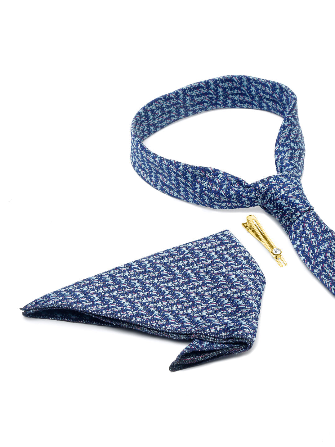 Pigeon Blue Luxury Italian Silk Necktie Set With Pocket Square Gold Tie pin