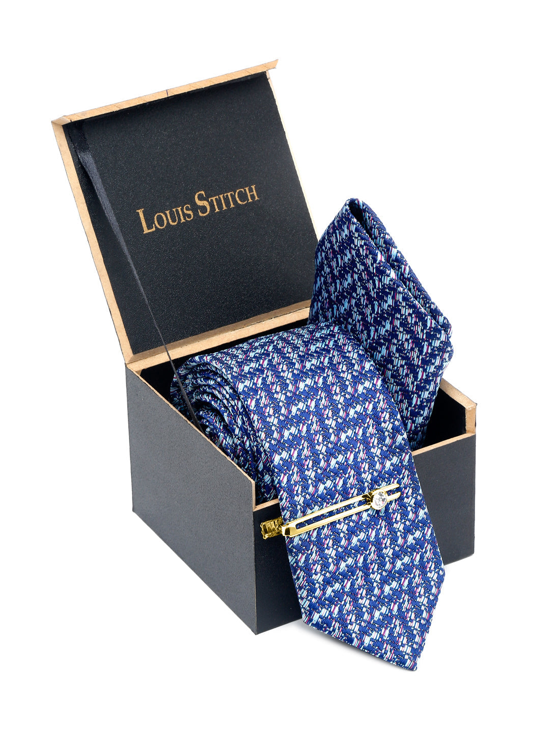 Pigeon Blue Luxury Italian Silk Necktie Set With Pocket Square Gold Tie pin