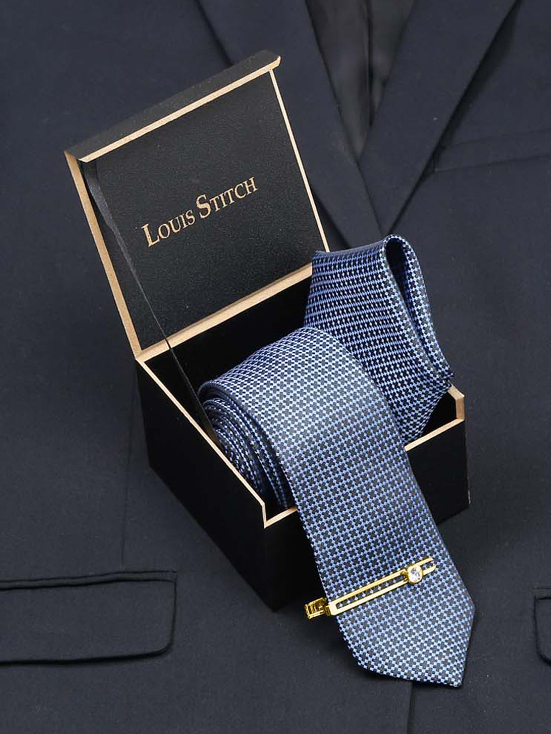 Aegean Blue Luxury Italian Silk Necktie Set With Pocket Square Gold Tie pin