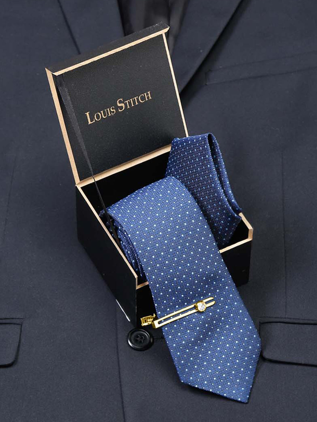 Midnight Blue Luxury Italian Silk Necktie Set With Pocket Square Gold Tie pin