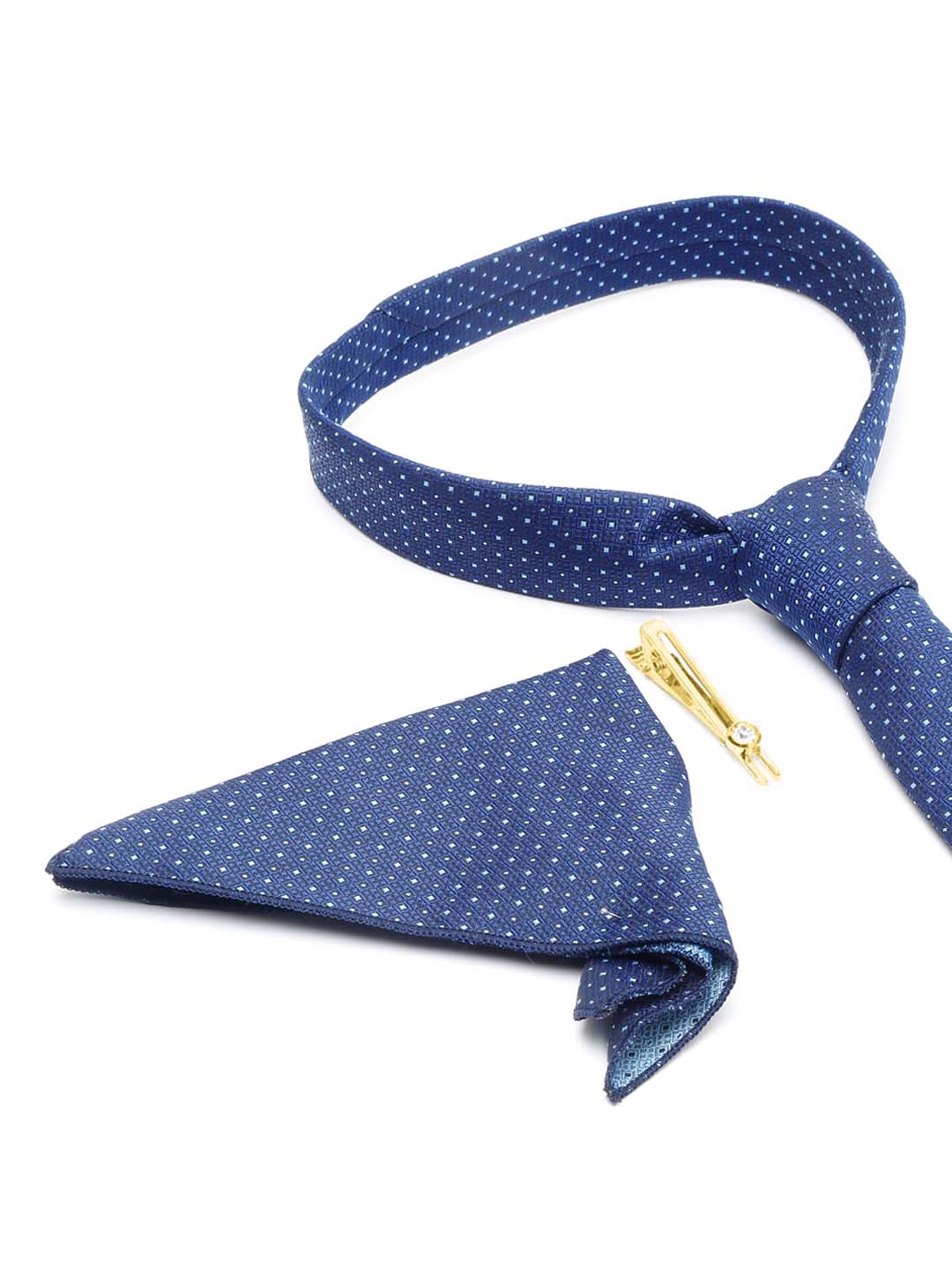 Midnight Blue Luxury Italian Silk Necktie Set With Pocket Square Gold Tie pin
