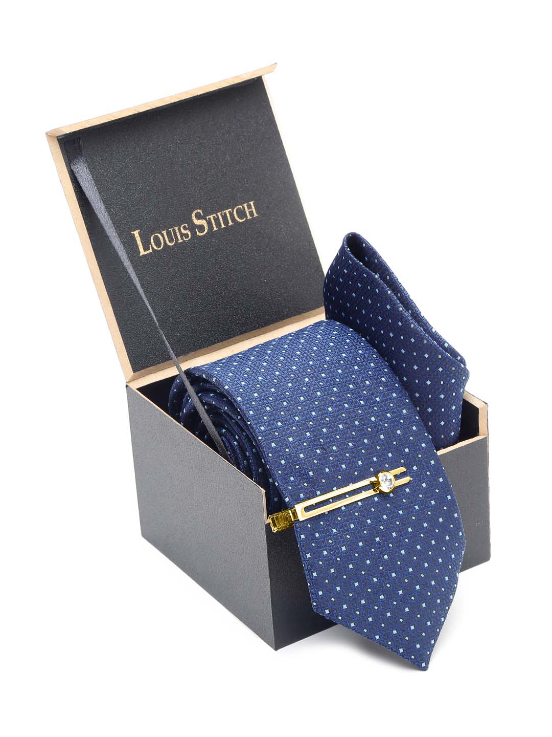 Midnight Blue Luxury Italian Silk Necktie Set With Pocket Square Gold Tie pin