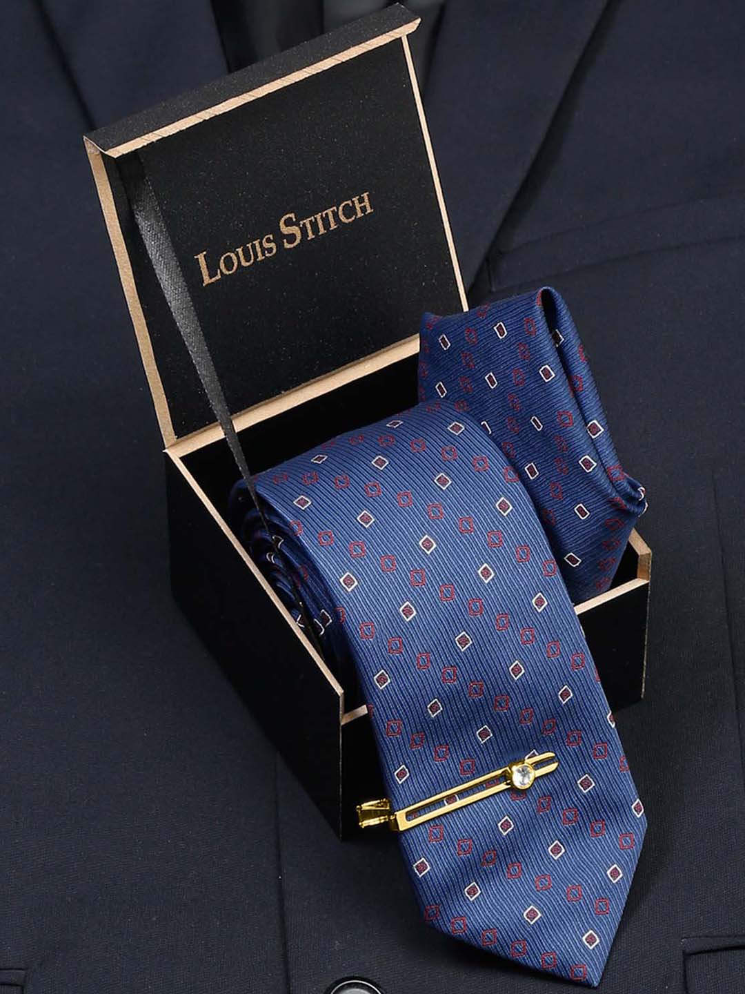 Navy Blue Luxury Italian Silk Necktie Set With Pocket Square Gold Tie pin