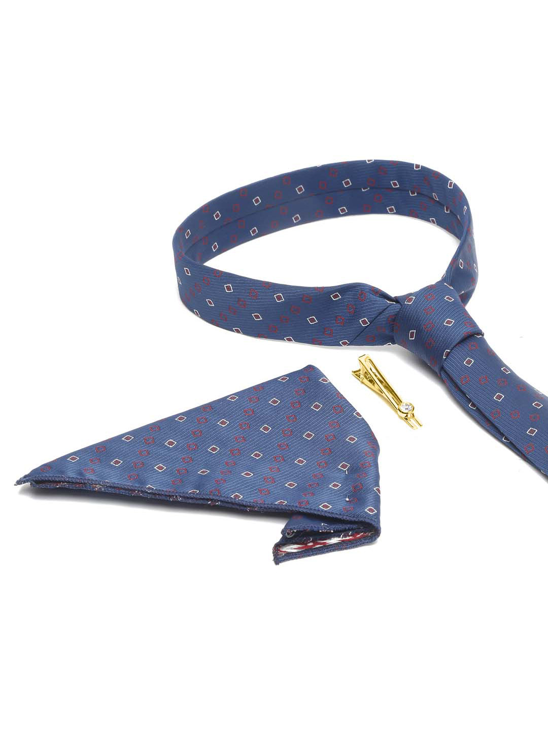 Navy Blue Luxury Italian Silk Necktie Set With Pocket Square Gold Tie pin