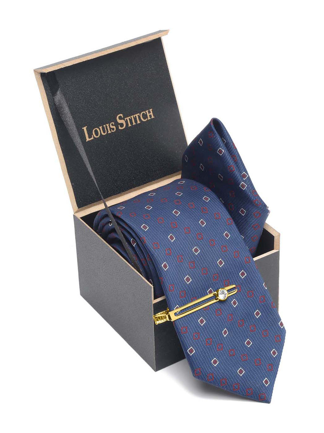 Navy Blue Luxury Italian Silk Necktie Set With Pocket Square Gold Tie pin