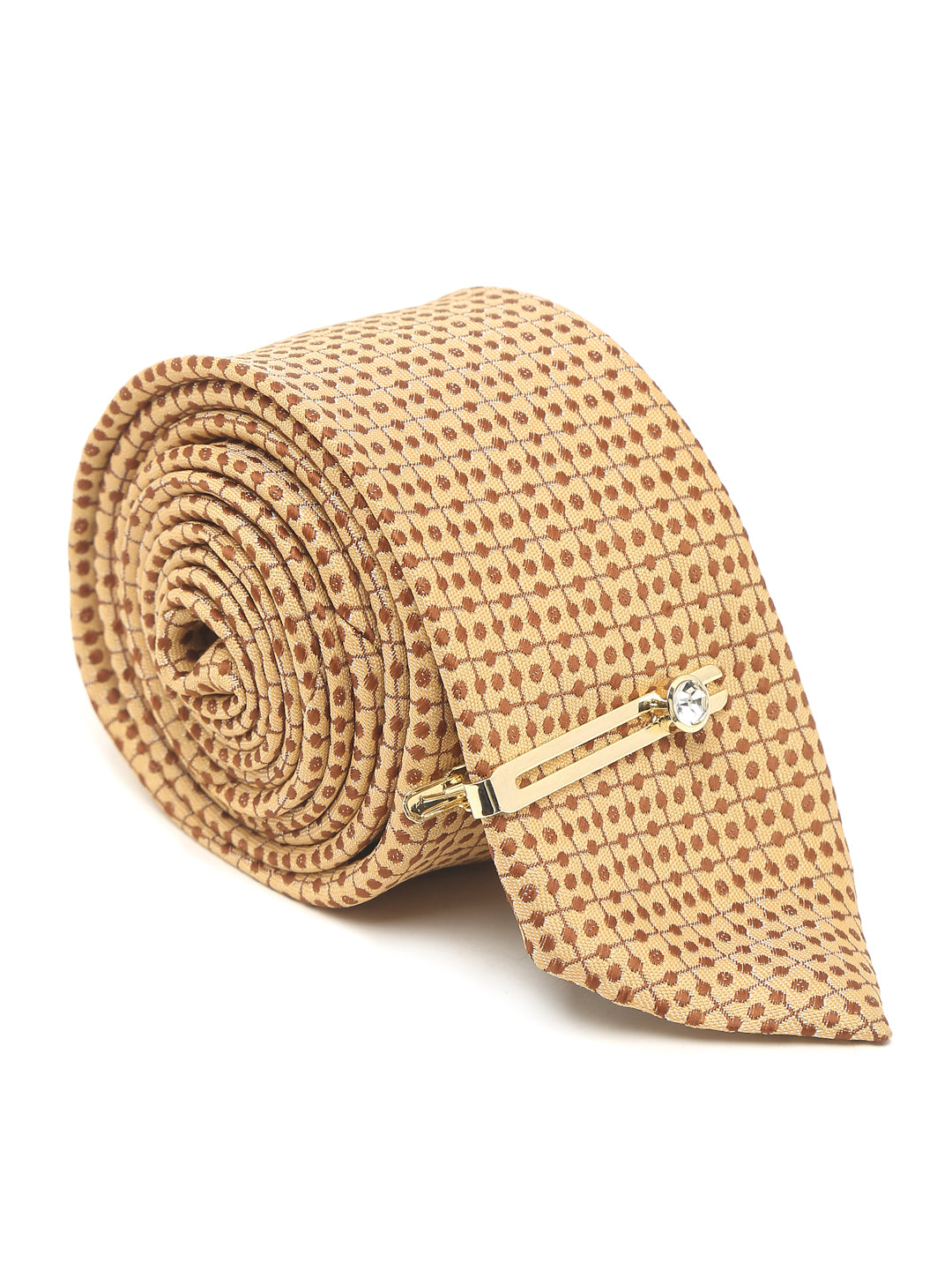 Cream Dotted Luxury Italian Silk Necktie Set With Pocket Square Gold Tie pin