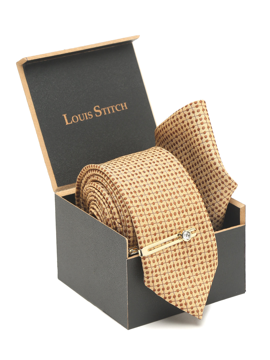 Cream Dotted Luxury Italian Silk Necktie Set With Pocket Square Gold Tie pin