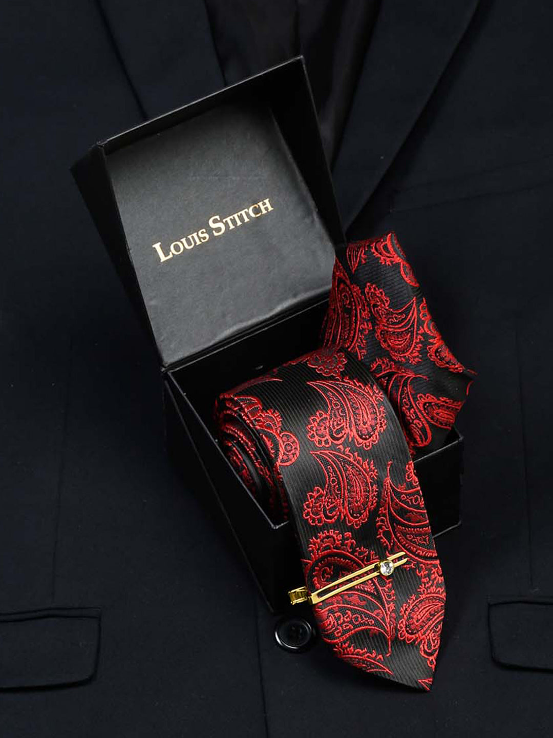 Imperial Red Luxury Italian Silk Necktie Set With Pocket Square Gold Tie pin