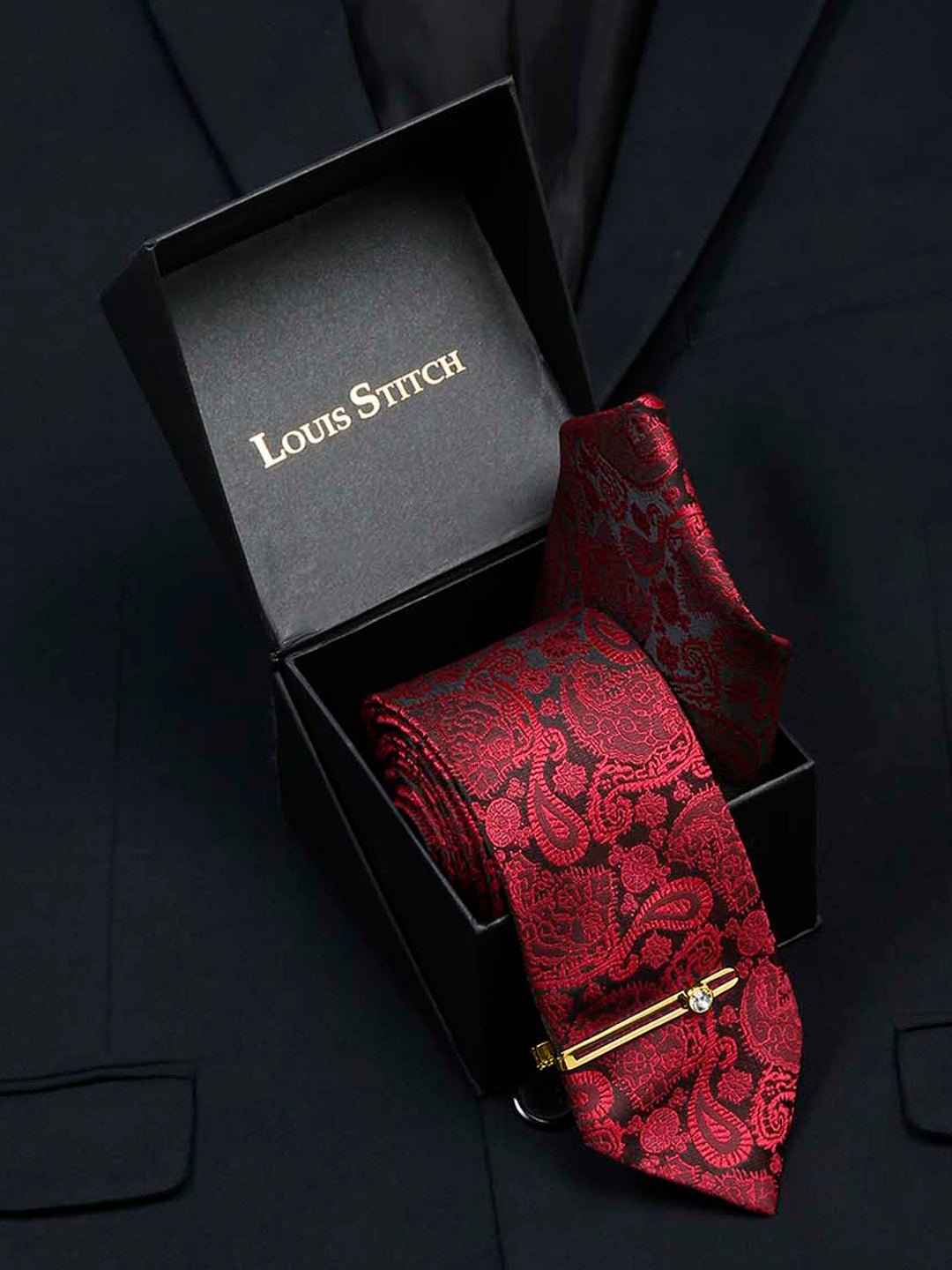 Crimson Red Luxury Italian Silk Necktie Set With Pocket Square Gold Tie pin