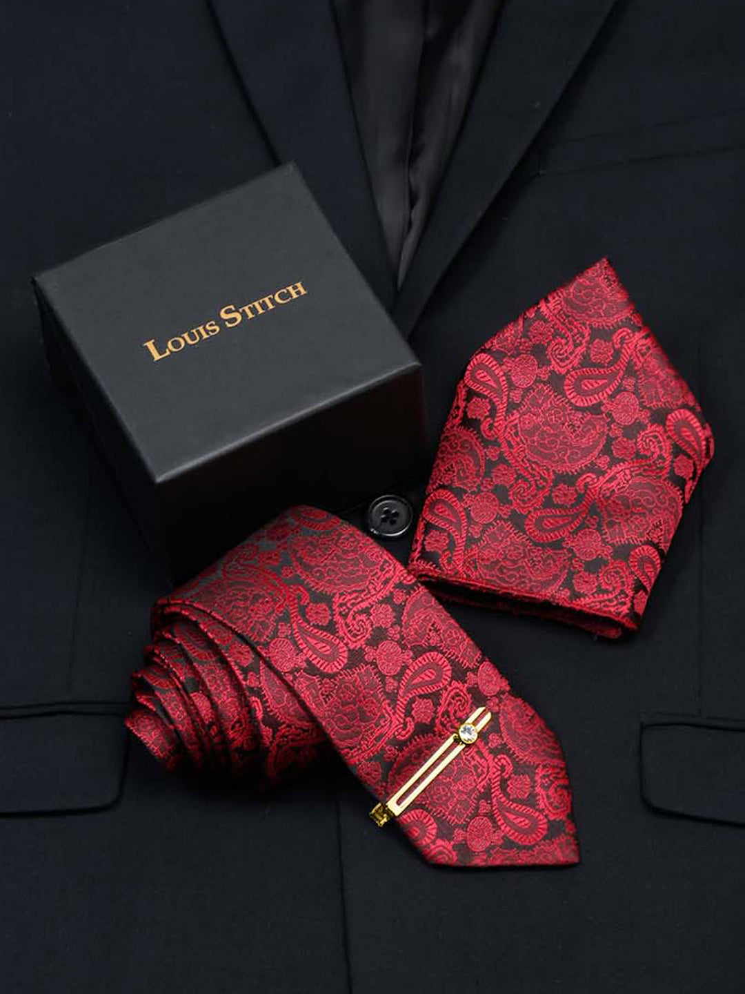 Crimson Red Luxury Italian Silk Necktie Set With Pocket Square Gold Tie pin