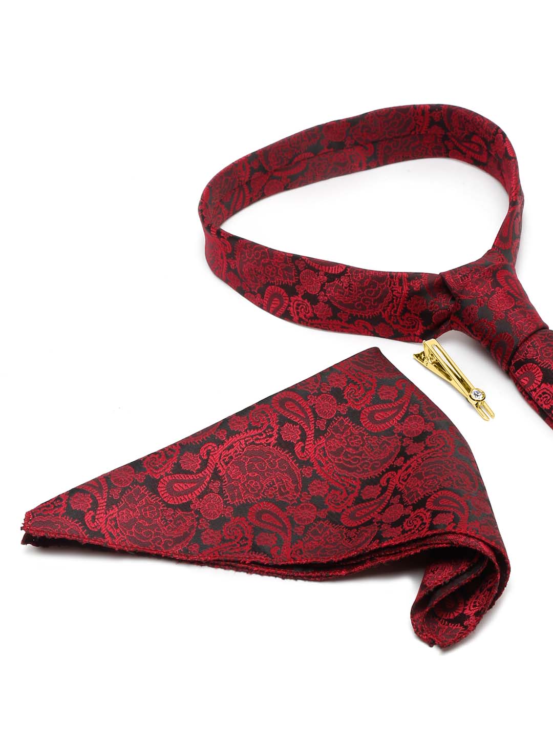Crimson Red Luxury Italian Silk Necktie Set With Pocket Square Gold Tie pin