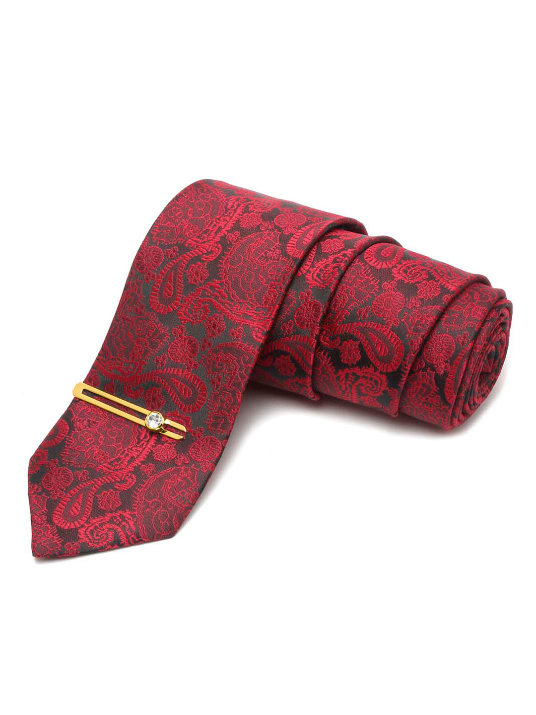 Crimson Red Luxury Italian Silk Necktie Set With Pocket Square Gold Tie pin
