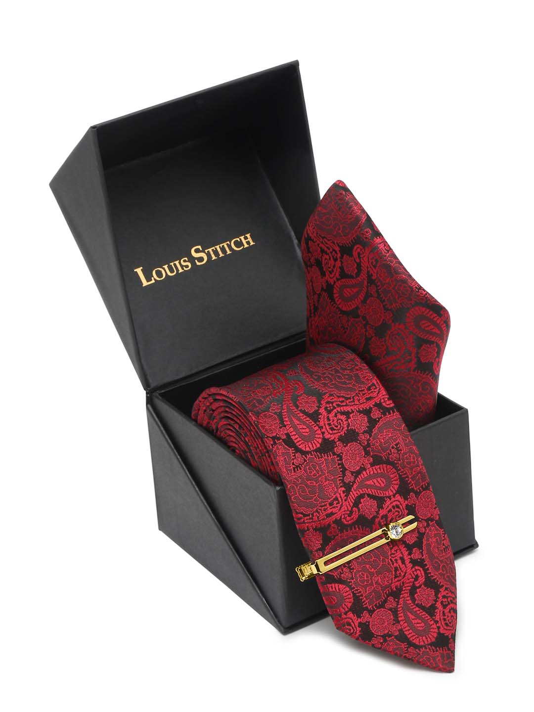 Crimson Red Luxury Italian Silk Necktie Set With Pocket Square Gold Tie pin
