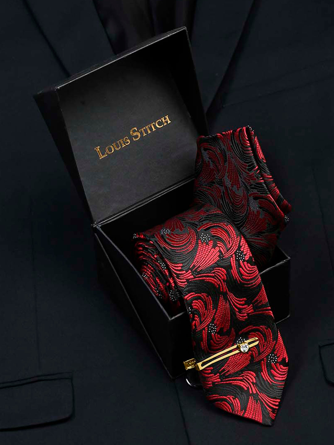 Ruby Red Luxury Italian Silk Necktie Set With Pocket Square Gold Tie pin