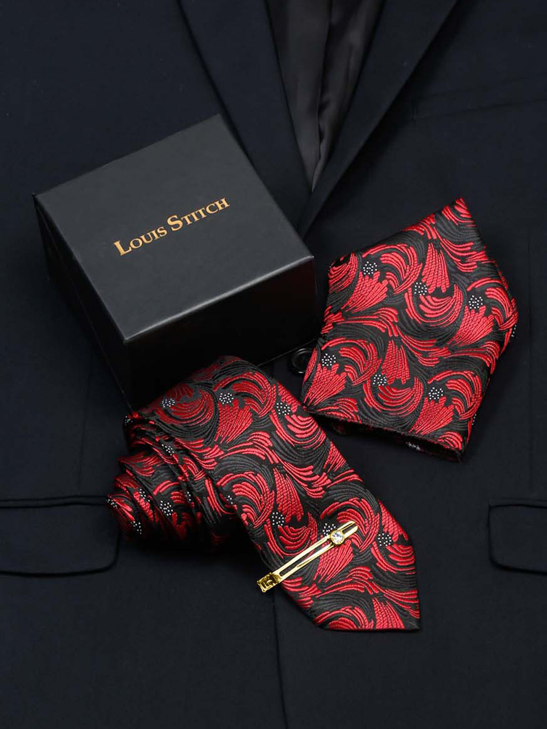 Ruby Red Luxury Italian Silk Necktie Set With Pocket Square Gold Tie pin