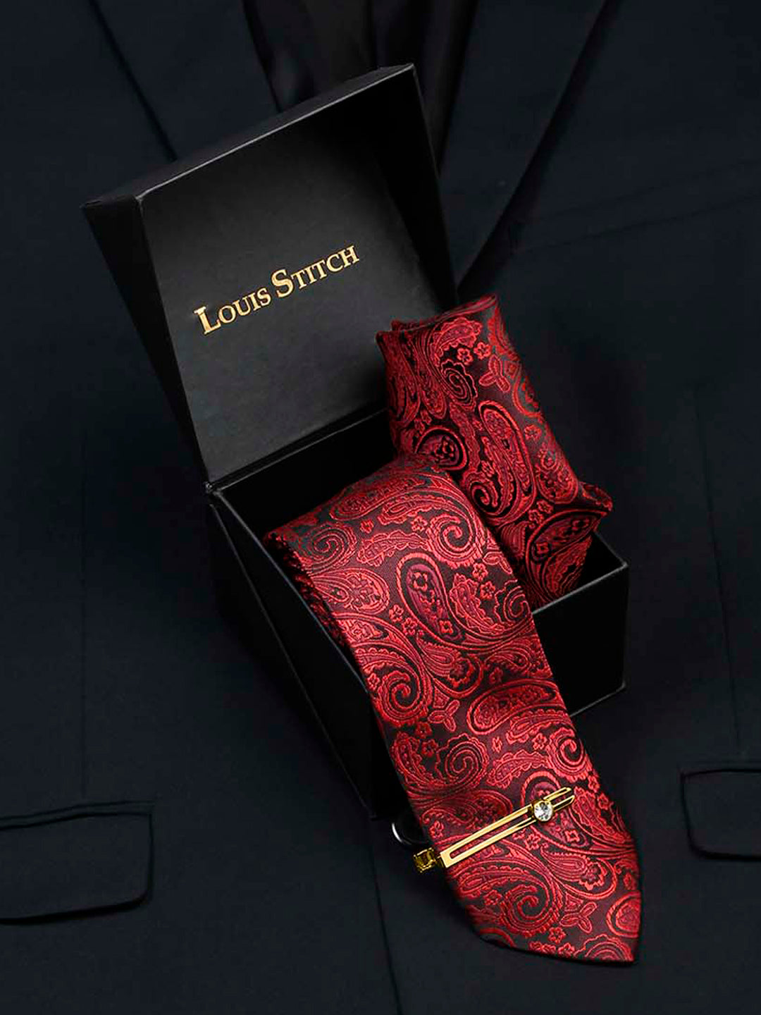 Ferrari red Luxury Italian Silk Necktie Set With Pocket Square Gold Tie pin