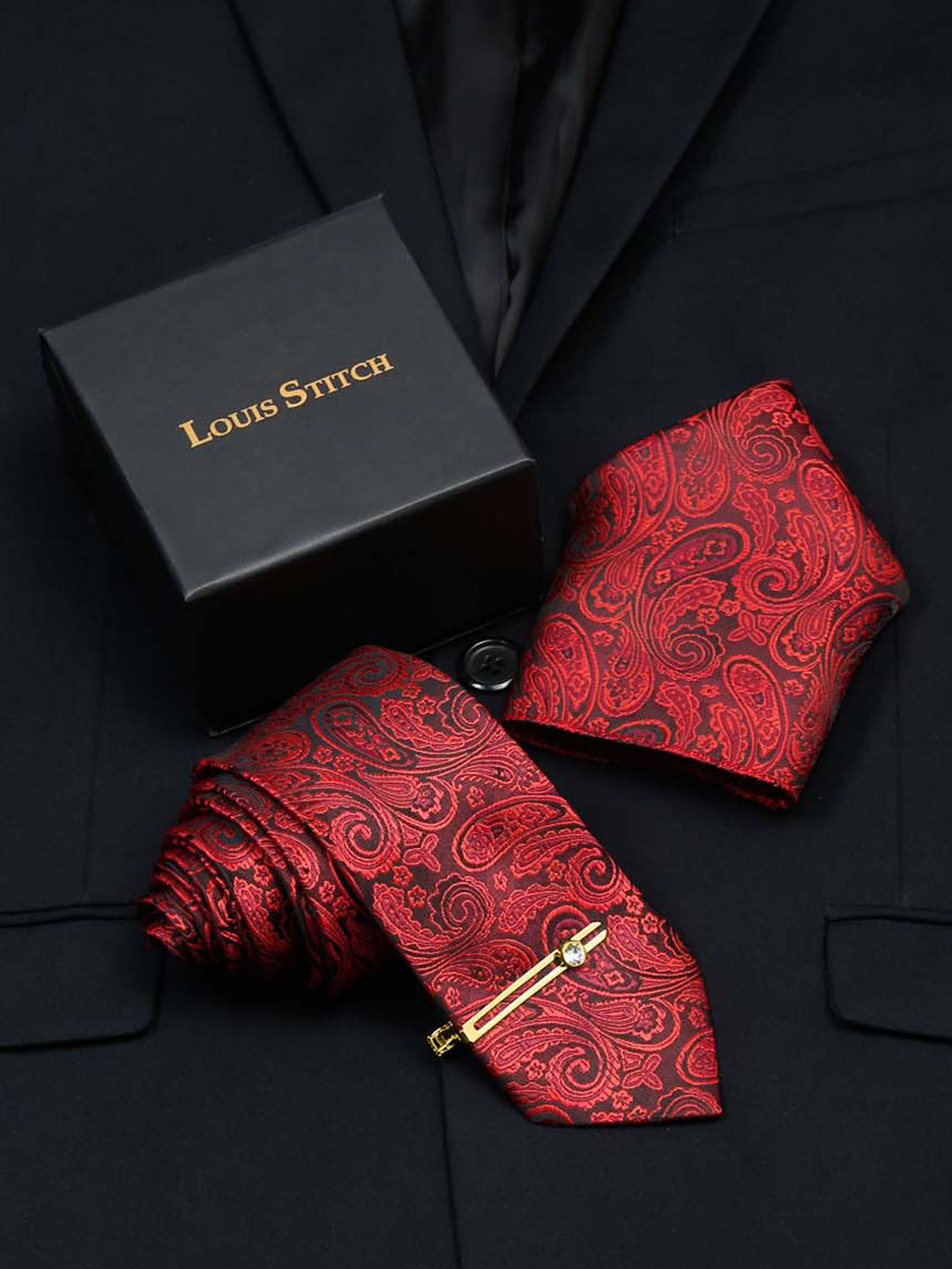 Ferrari red Luxury Italian Silk Necktie Set With Pocket Square Gold Tie pin