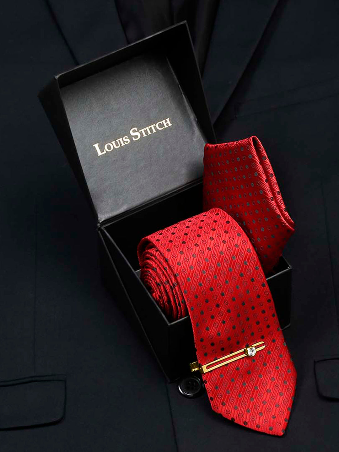 Indian Red Luxury Italian Silk Necktie Set With Pocket Square Gold Tie pin