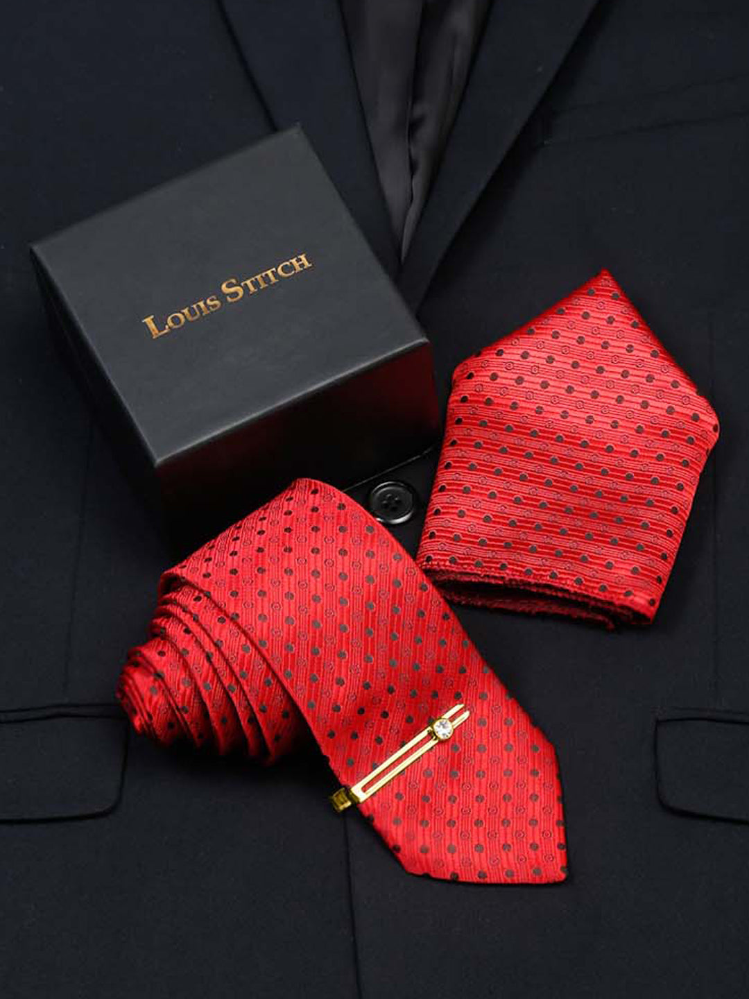 Indian Red Luxury Italian Silk Necktie Set With Pocket Square Gold Tie pin