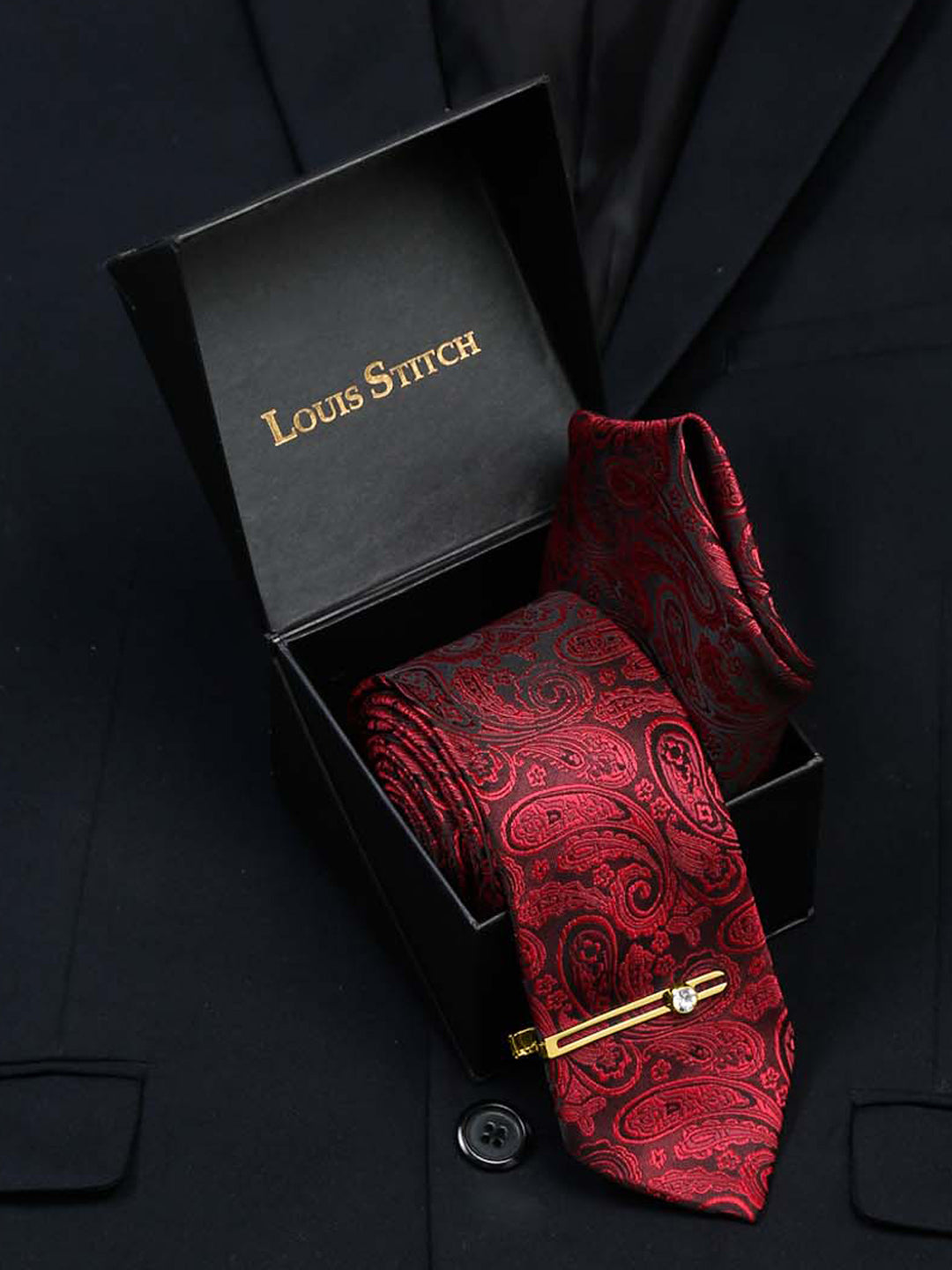 Persian Red Luxury Italian Silk Necktie Set With Pocket Square Gold Tie pin
