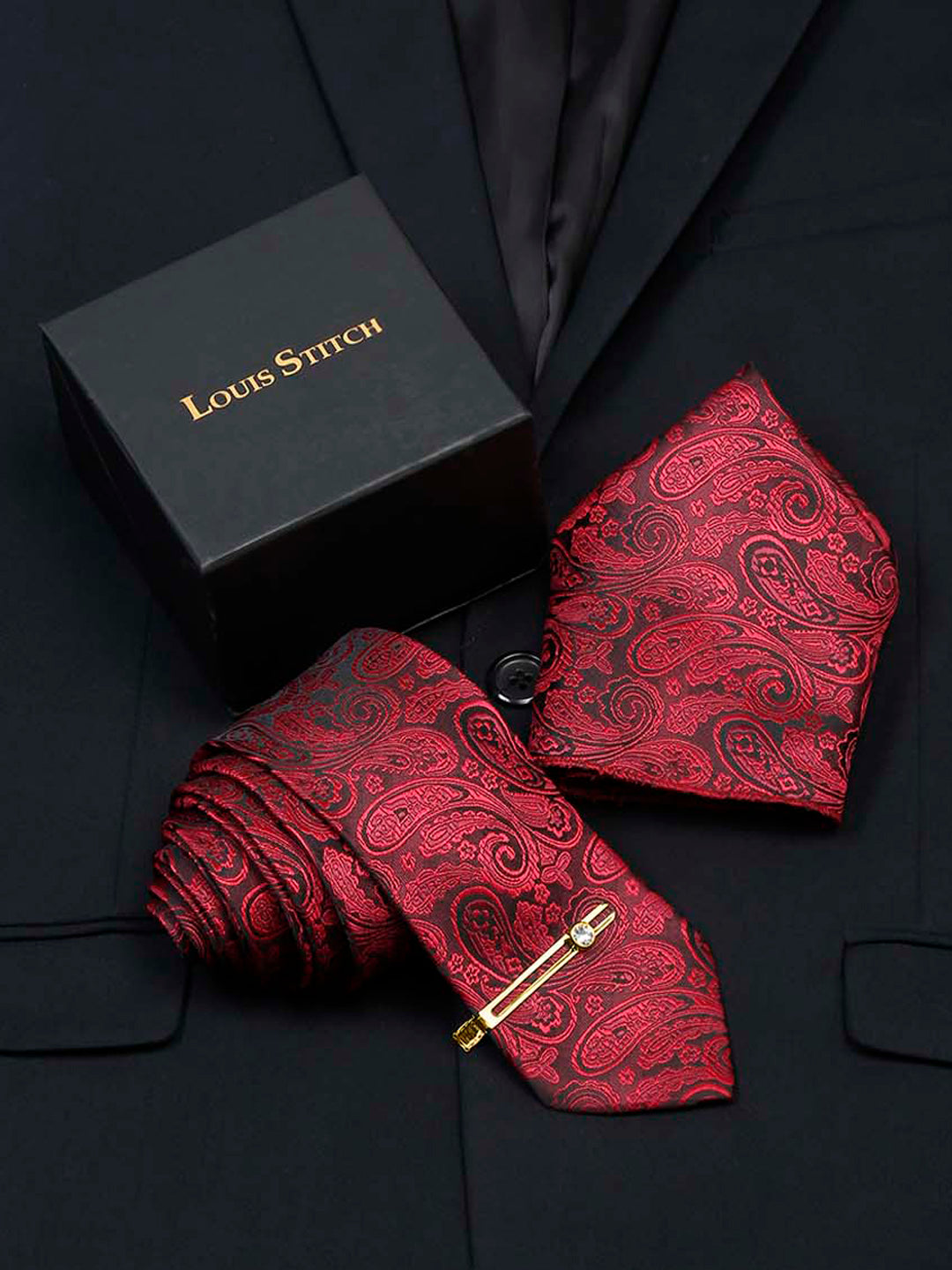 Persian Red Luxury Italian Silk Necktie Set With Pocket Square Gold Tie pin