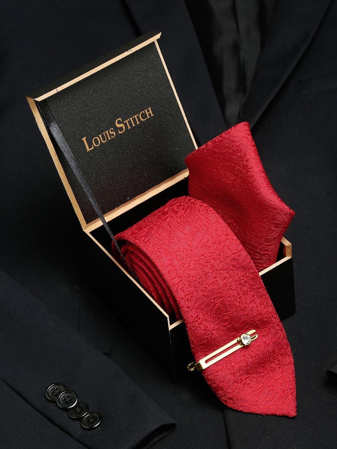 Ferrari Red Luxury Italian Silk Necktie Set With Pocket Square Gold Tie pin