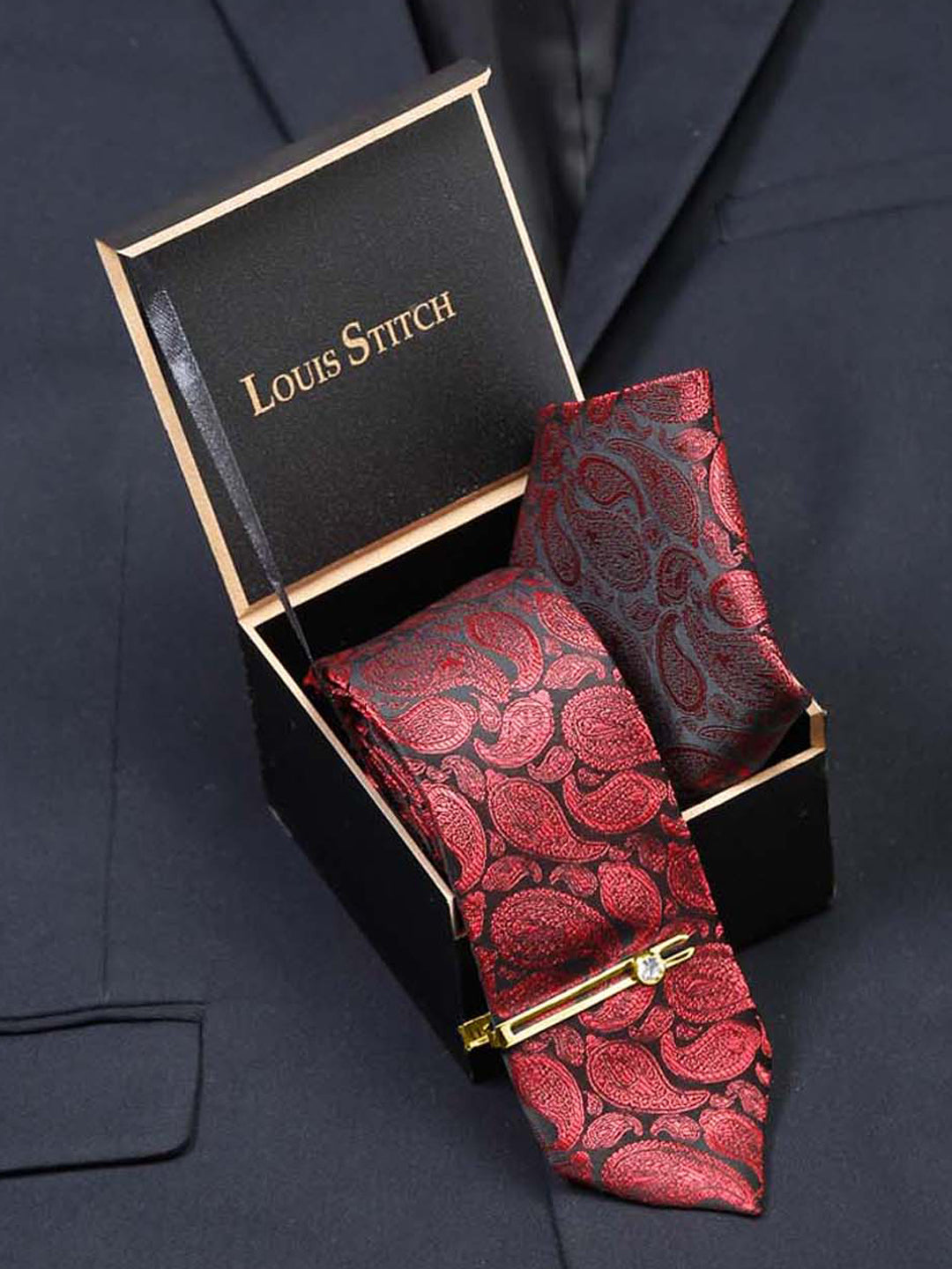 Wine Red Luxury Italian Silk Necktie Set With Pocket Square Gold Tie pin
