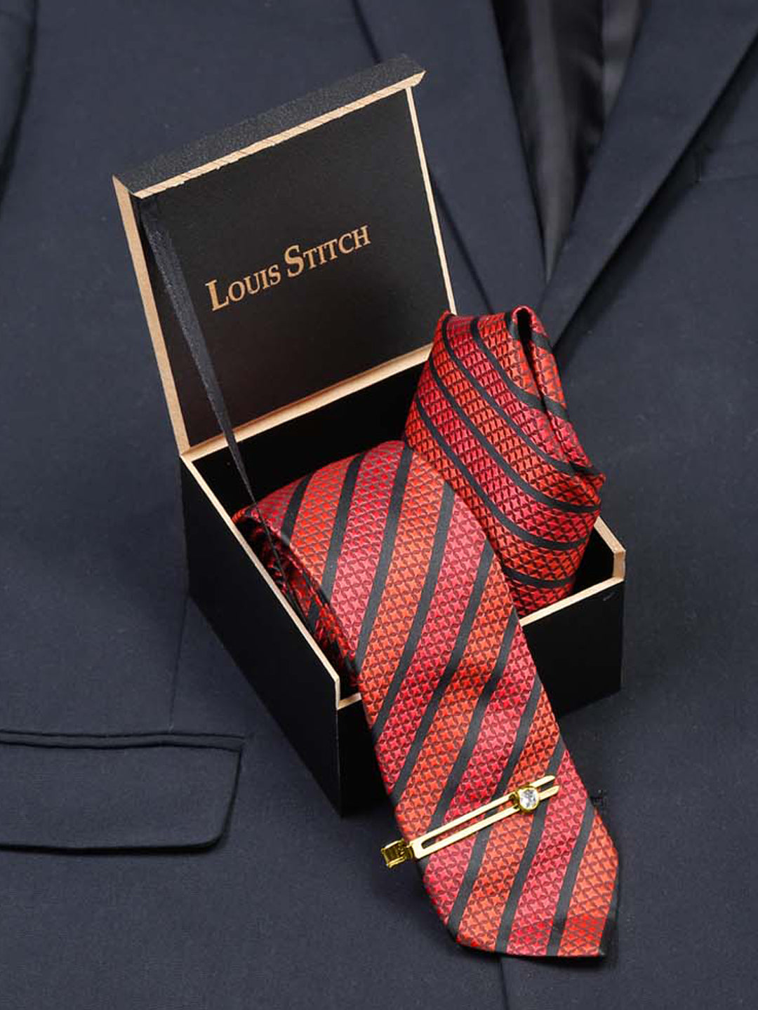 Ruby Red Luxury Italian Silk Necktie Set With Pocket Square Gold Tie pin