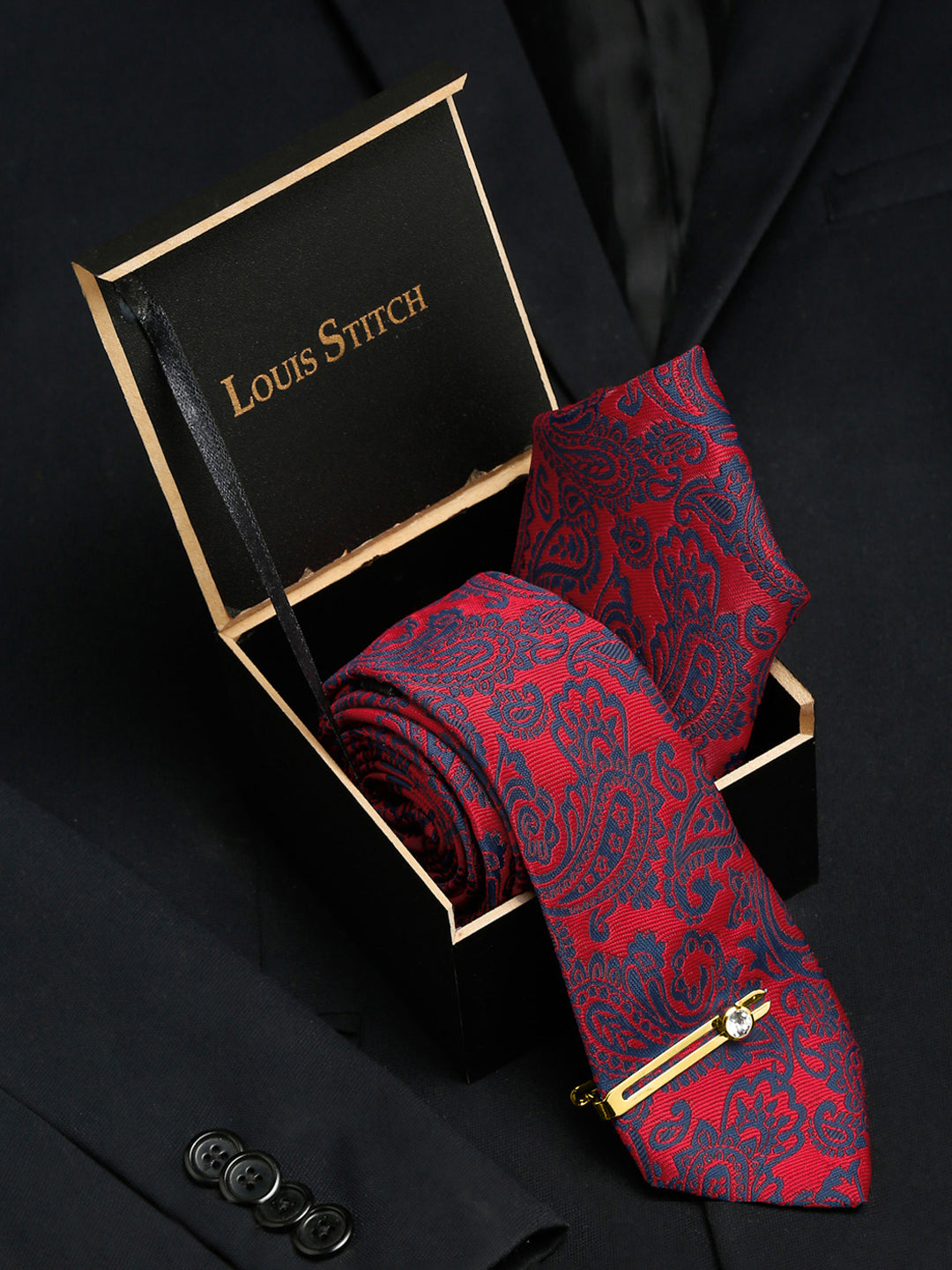 Candy Red Luxury Italian Silk Necktie Set With Pocket Square Gold Tie pin