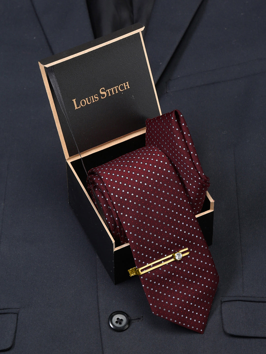 Polka Red Luxury Italian Silk Necktie Set With Pocket Square Gold Tie pin