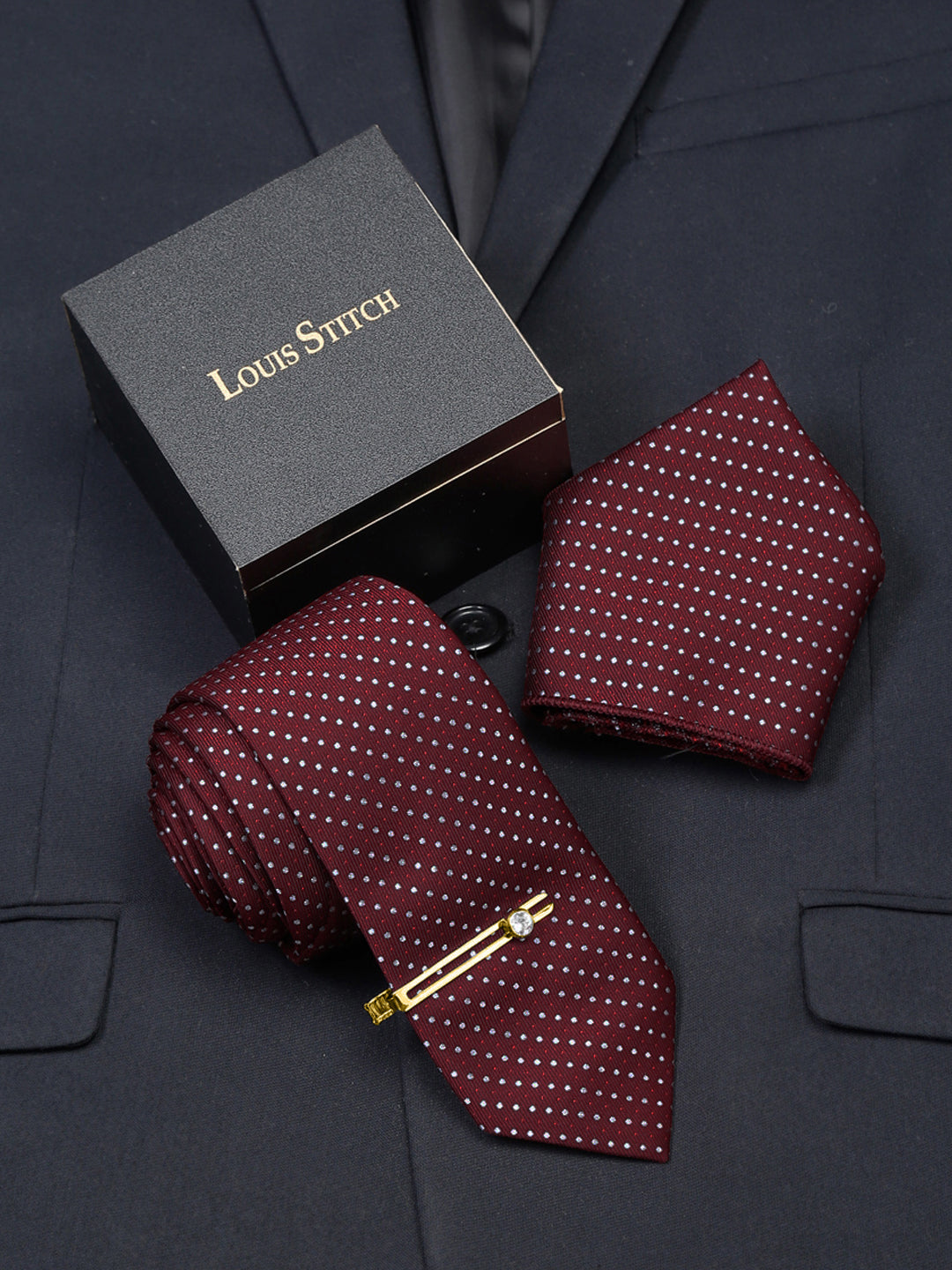 Polka Red Luxury Italian Silk Necktie Set With Pocket Square Gold Tie pin