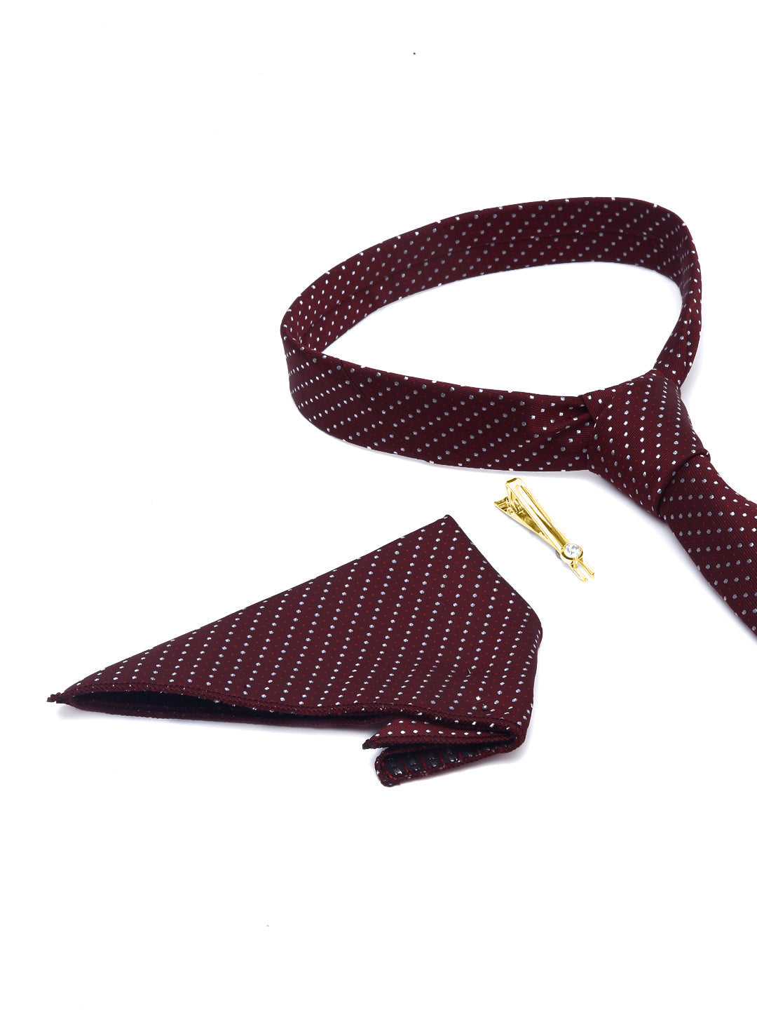 Polka Red Luxury Italian Silk Necktie Set With Pocket Square Gold Tie pin