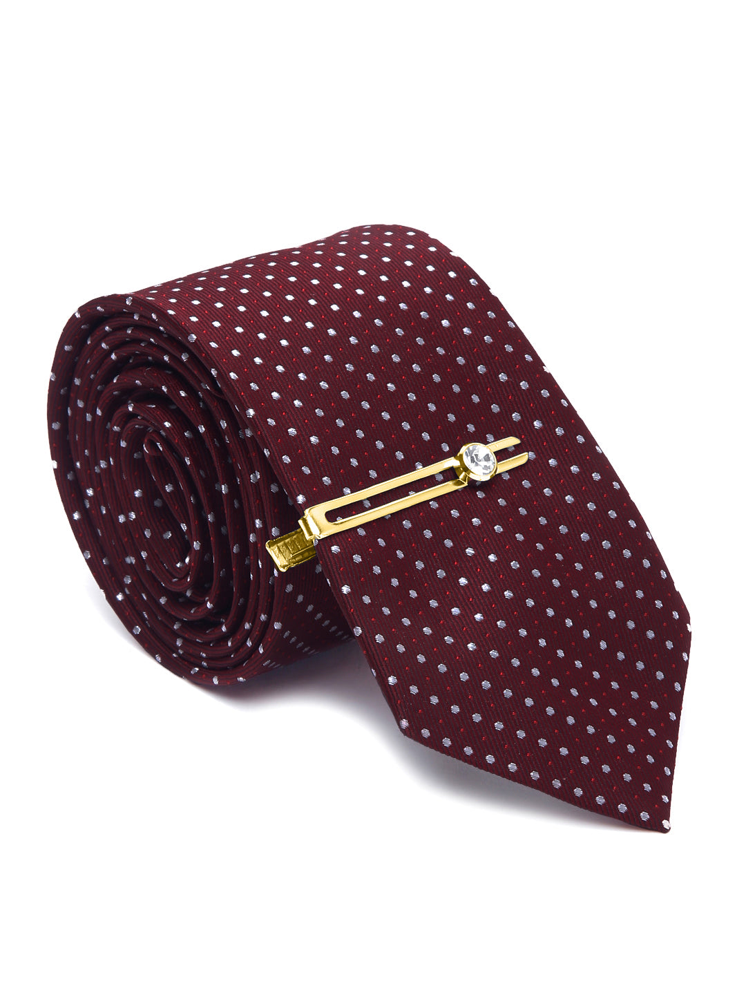Polka Red Luxury Italian Silk Necktie Set With Pocket Square Gold Tie pin