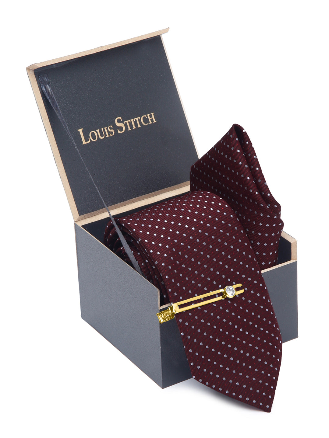 Polka Red Luxury Italian Silk Necktie Set With Pocket Square Gold Tie pin
