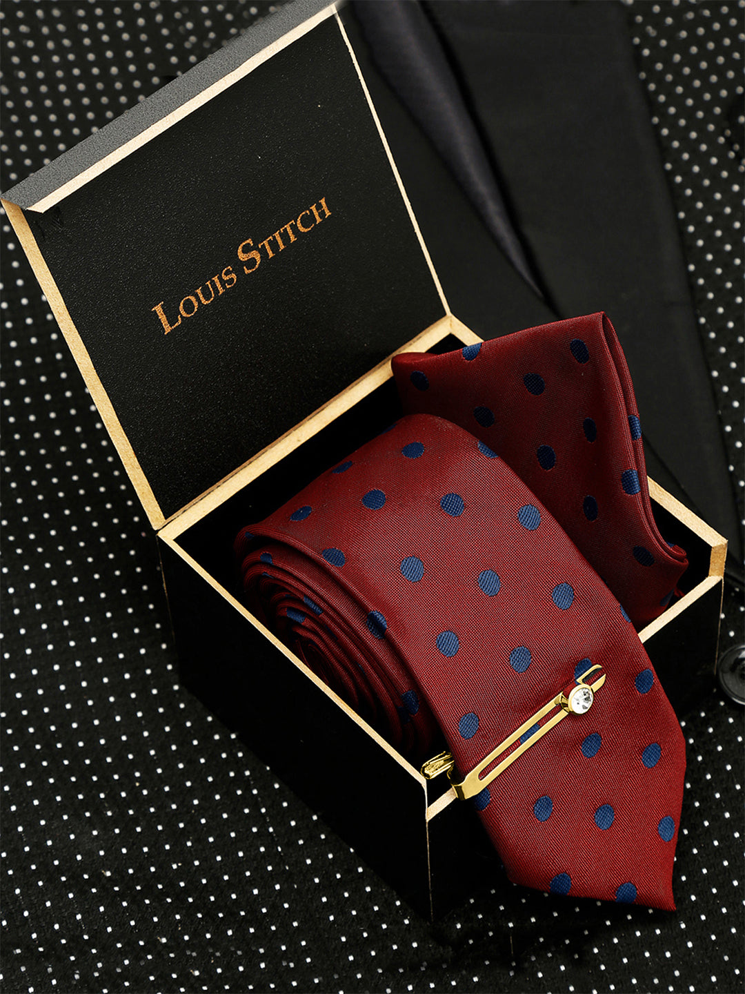 Polka Red Luxury Italian Silk Necktie Set With Pocket Square Gold Tie pin