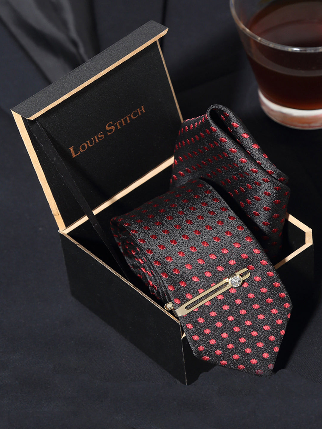 Polka Dotted Red Luxury Italian Silk Necktie Set With Pocket Square Gold Tie pin