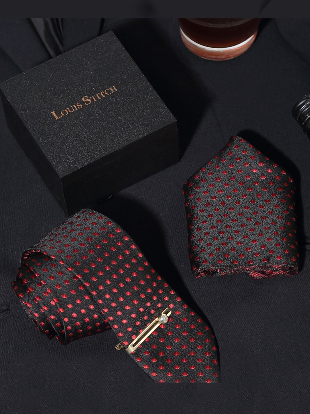 Polka Dotted Red Luxury Italian Silk Necktie Set With Pocket Square Gold Tie pin