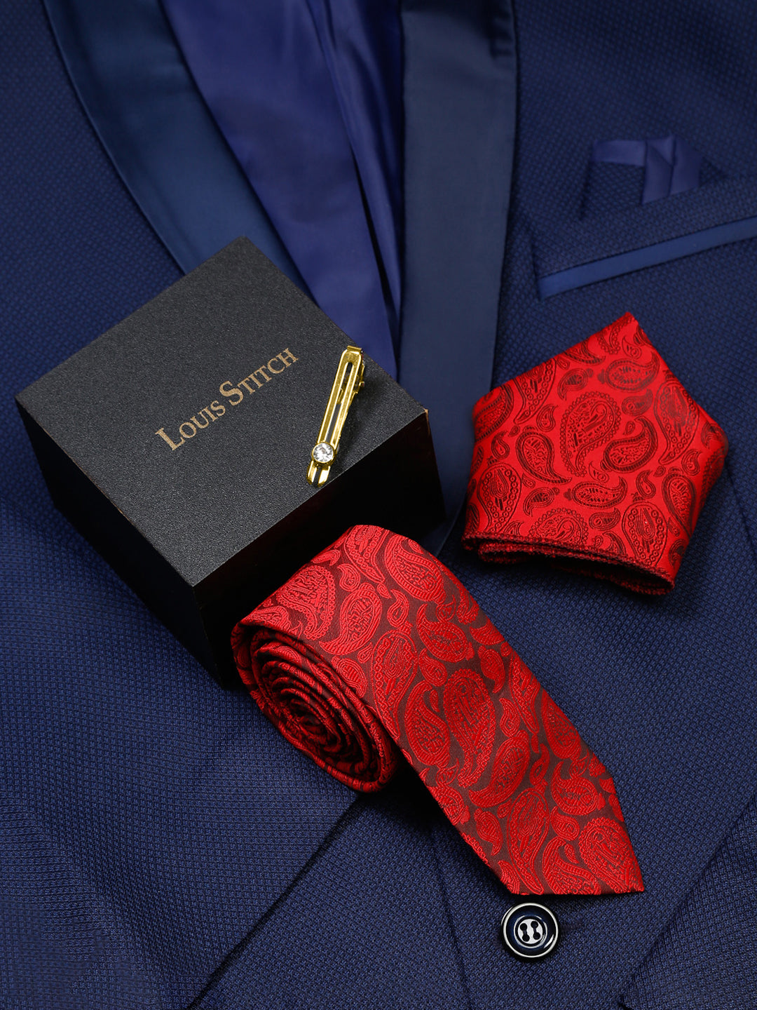 Floral Red Luxury Italian Silk Necktie Set With Pocket Square Gold Tie pin