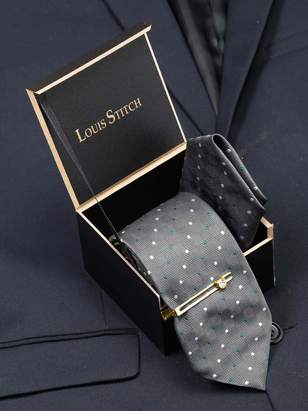 Grey polka Luxury Italian Silk Necktie Set With Pocket Square Gold Tie pin