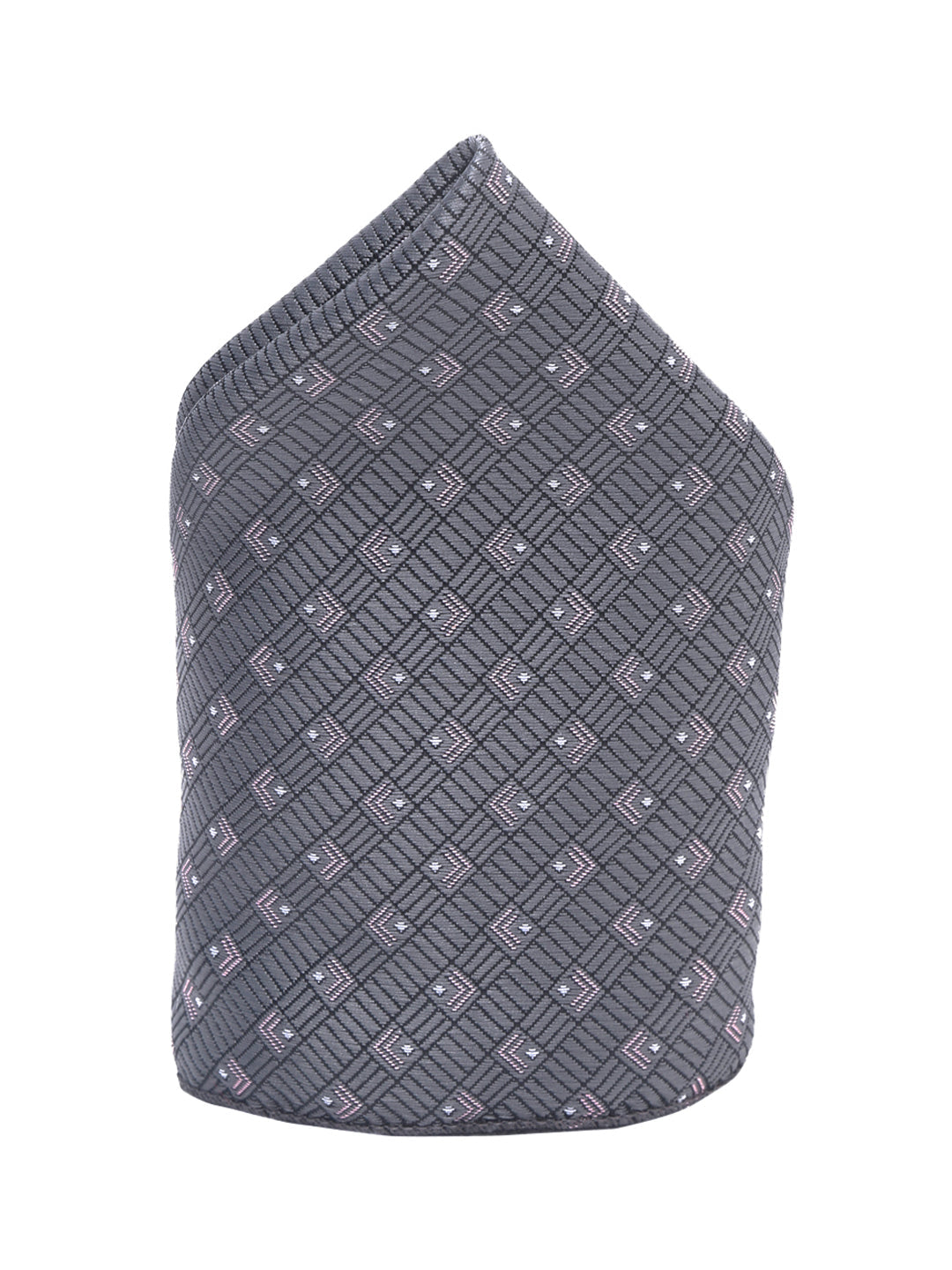 Grey Checkerd Luxury Italian Silk Necktie Set With Pocket Square Gold Tie pin