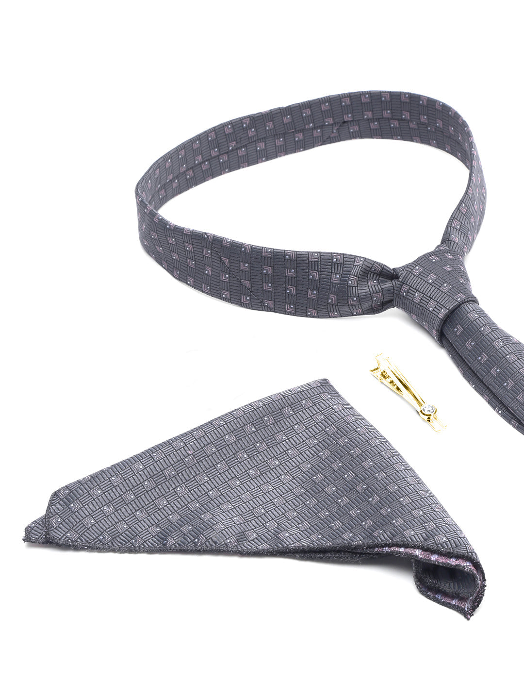 Grey Checkerd Luxury Italian Silk Necktie Set With Pocket Square Gold Tie pin